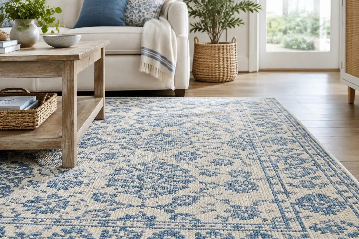 Alfombra de algodón azul y marfil en un salón familiar