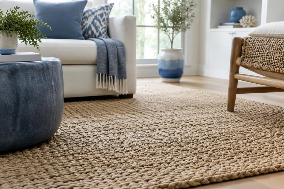 Alfombra natural trenzada de yute y sisal en un salón
