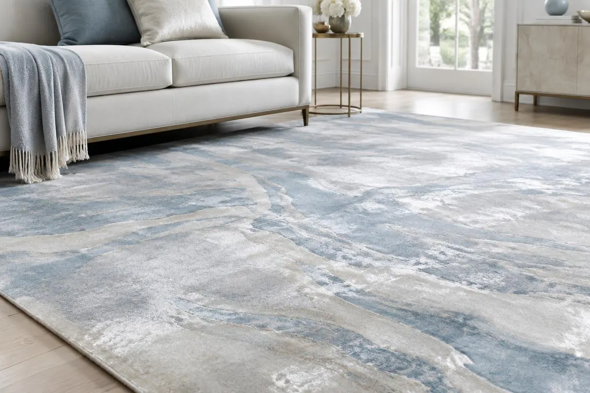 Alfombra luminosa de seda y viscosa en tonos claros y azules