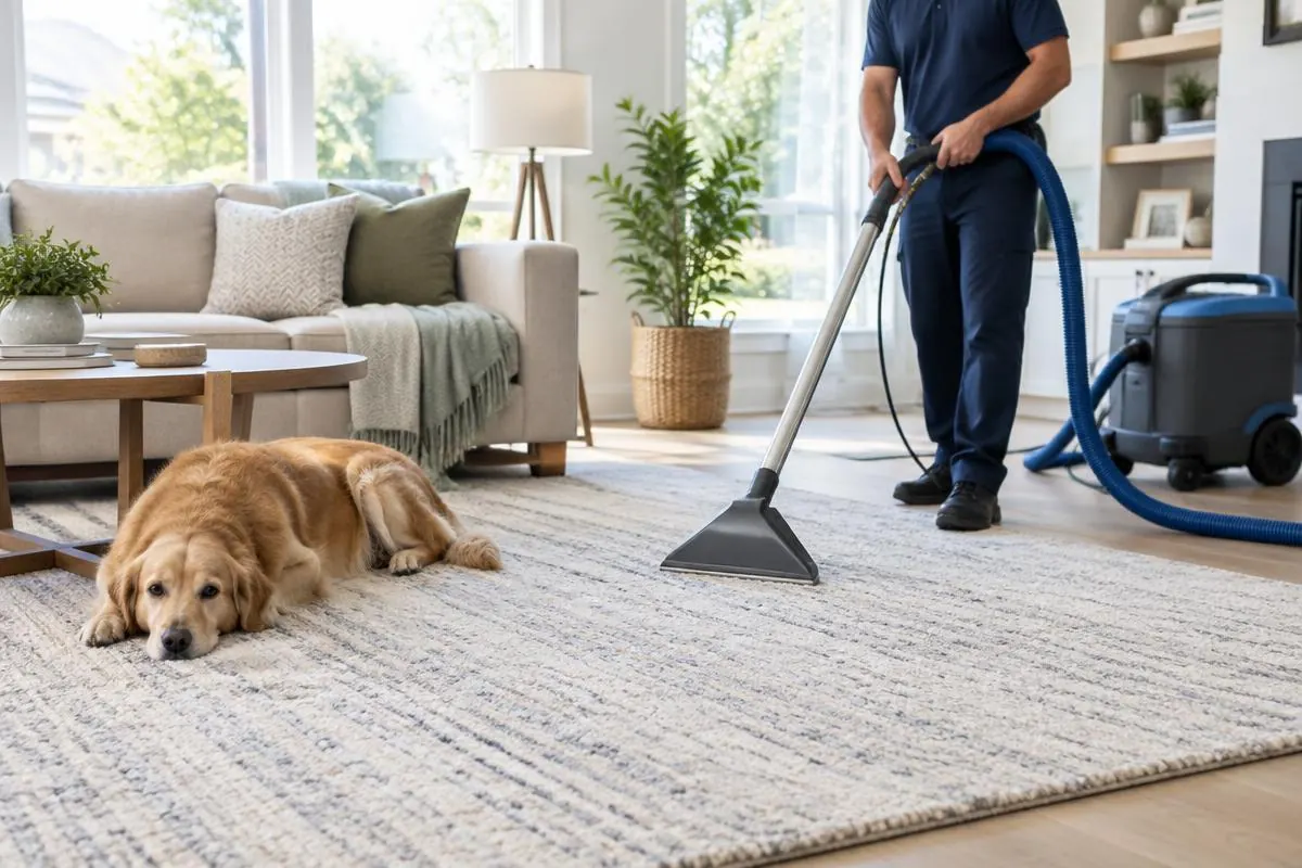 Limpieza profesional de una alfombra en un hogar con perro