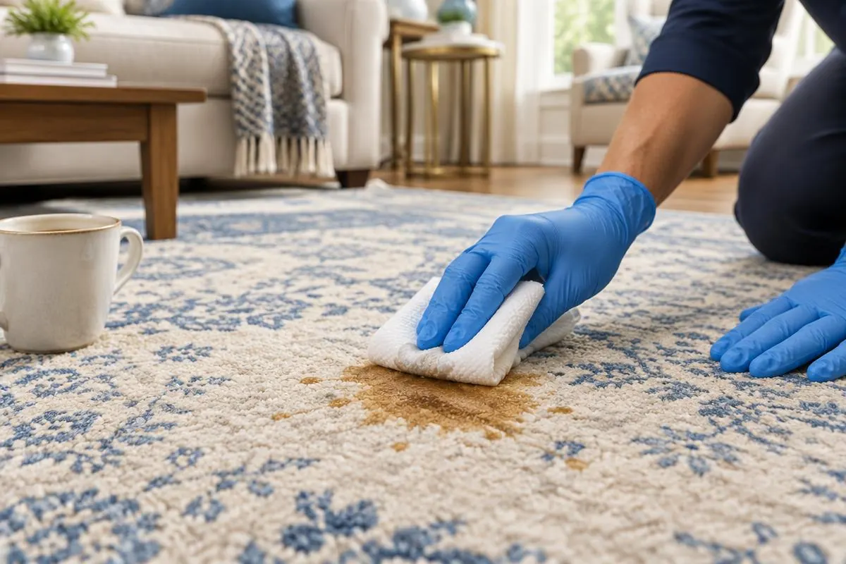 Mancha de café tratada con cuidado sobre una alfombra clara y azul