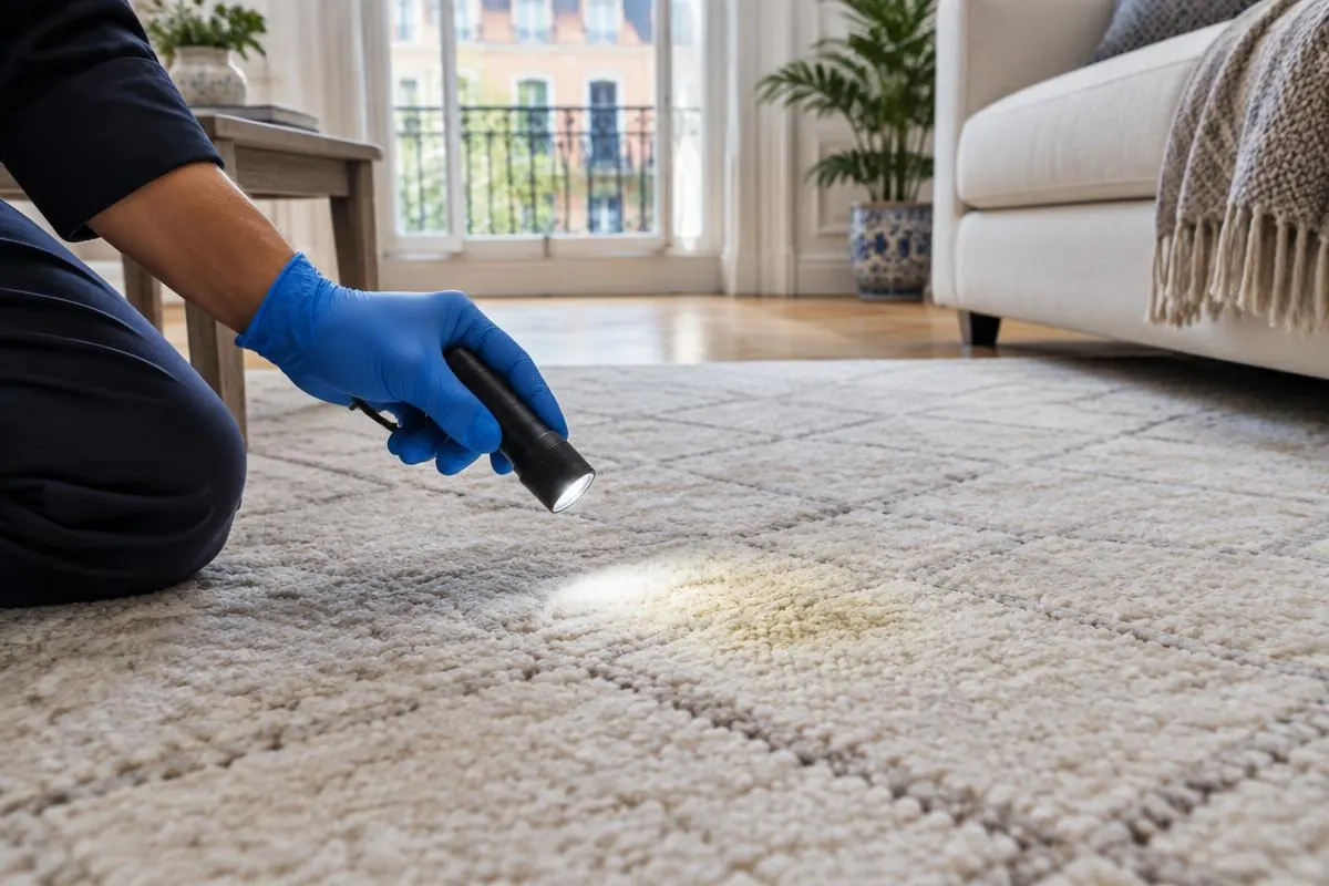 Profesional inspeccionando una mancha de orina en una alfombra clara