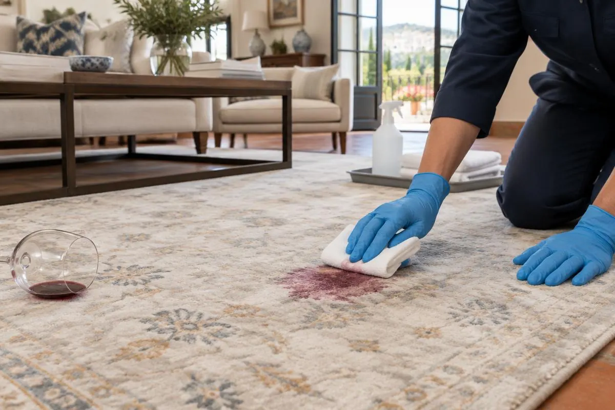 Profesional absorbiendo una mancha de vino tinto en una alfombra