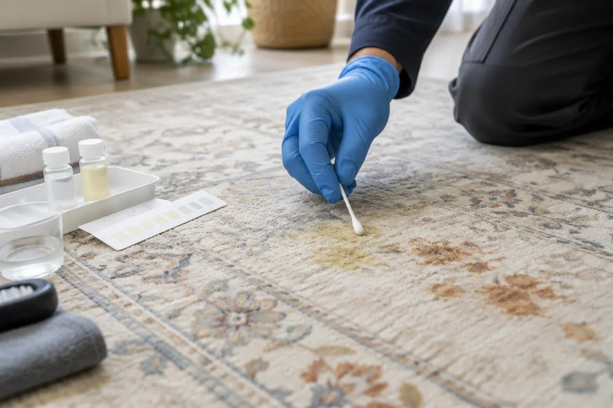 Evaluación profesional de manchas amarillas y oxidadas en una alfombra